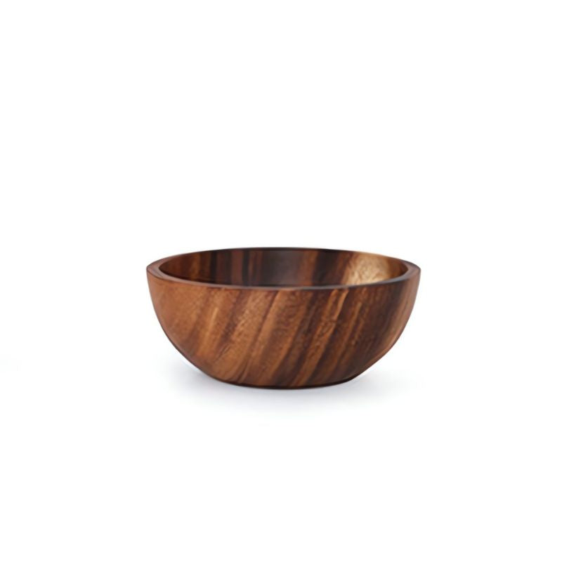 single empty round wooden bowl on white background