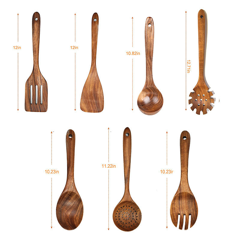 Paxley made of wood, teak wood suit, spoon with long handle, wooden sieve, non-stick spatula