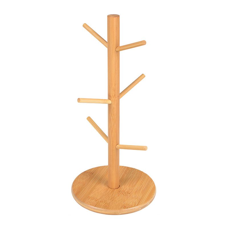 A bamboo cup holder with multiple hooks, displaying various cups and mugs in a kitchen setting.