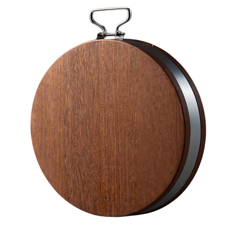 front view of round wooden cutting board with handle