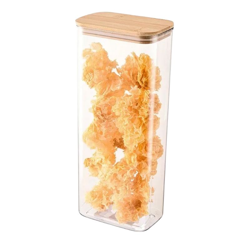 A container made of clear glass with a bamboo lid.