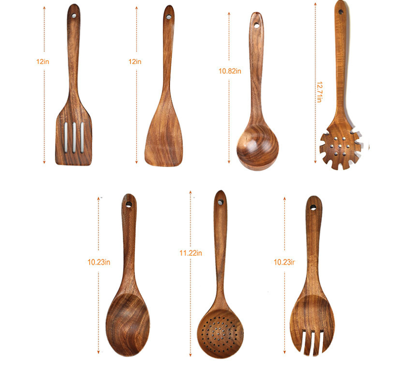 Paxley made of wood, teak wood suit, spoon with long handle, wooden sieve, non-stick spatula