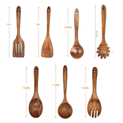 Paxley made of wood, teak wood suit, spoon with long handle, wooden sieve, non-stick spatula