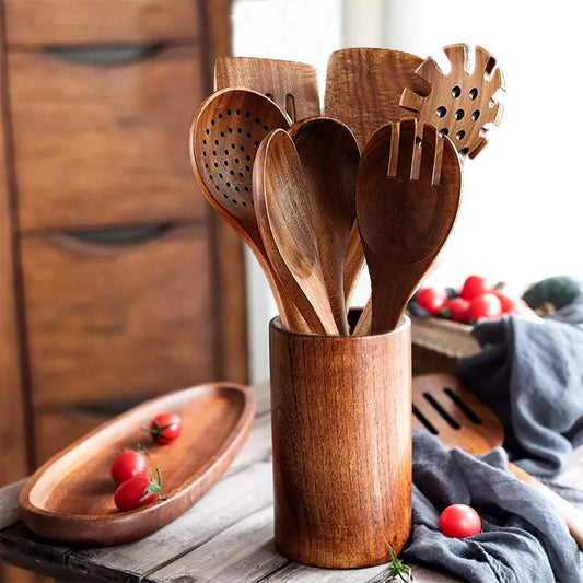 Paxley made of wood, teak wood suit, spoon with long handle, wooden sieve, non-stick spatula
