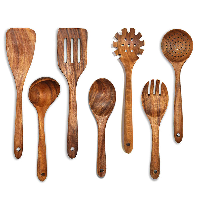 Paxley made of wood, teak wood suit, spoon with long handle, wooden sieve, non-stick spatula