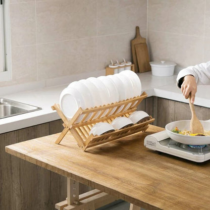 Double-Layer Foldable Bamboo Dish Rack