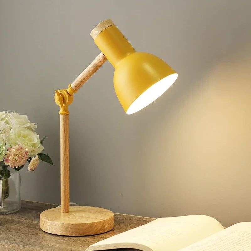 Paxley | Table Lamp | Adjustable Arm | Wooden Base Yellow EU - Power outlet