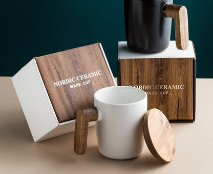 Gift package, wooden handle with lid, coffee mug for lovers, coffee mugs, ceramic coffee mug, cup set, wooden coffee mug
