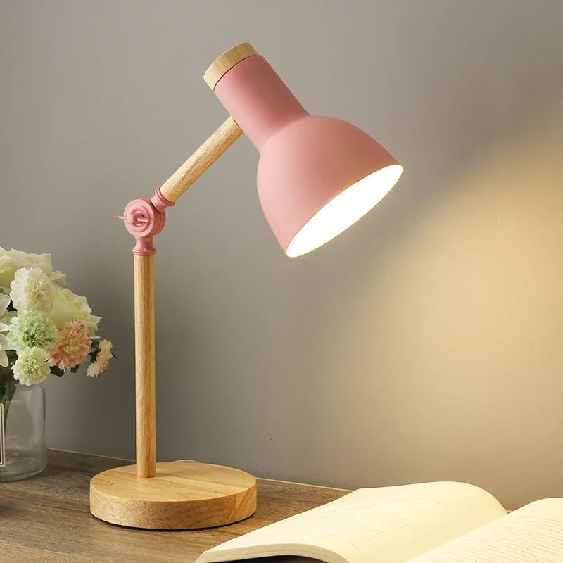 Paxley | Table Lamp | Adjustable Arm | Wooden Base Pink EU - Power outlet