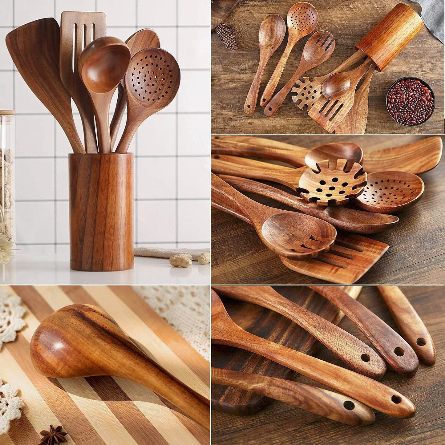 Paxley made of wood, teak wood suit, spoon with long handle, wooden sieve, non-stick spatula