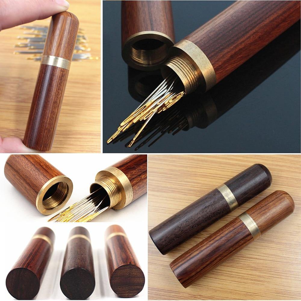 Paxley Sewing Needles Holder Storage Tube Wooden Box Hand Sewing Needles Case Leather Knitting Embroidery Repair Needles Container (Random)